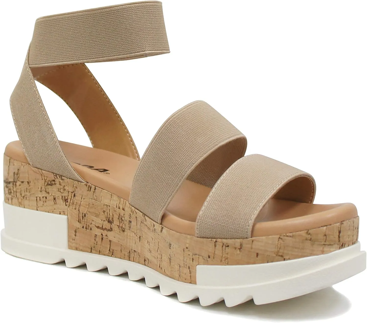 Soda Style Madyson ~ Slip On Open Toe Two Bands Elastic Ankle Strap Flatform Wedge Casual Fashion Sandal with Cork Wrap Bottom