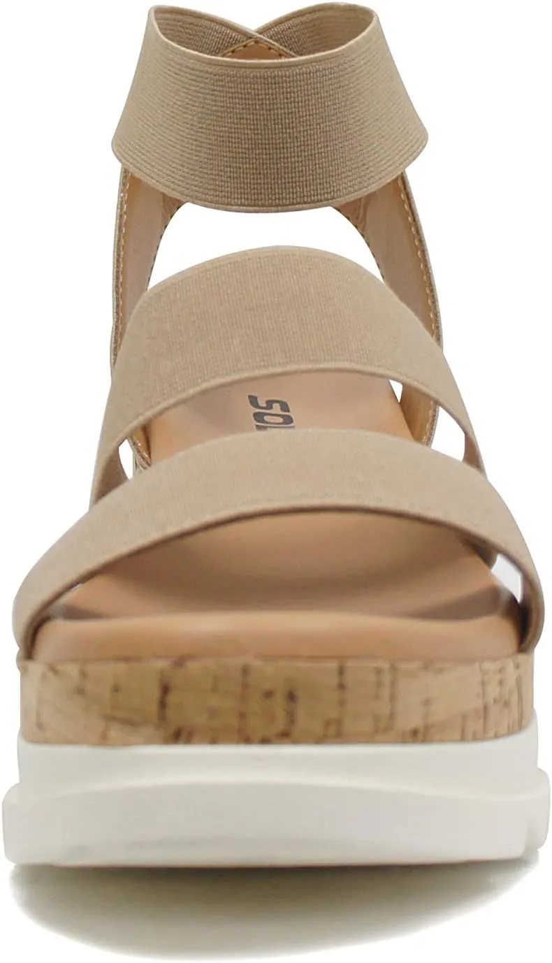 Soda Style Madyson ~ Slip On Open Toe Two Bands Elastic Ankle Strap Flatform Wedge Casual Fashion Sandal with Cork Wrap Bottom