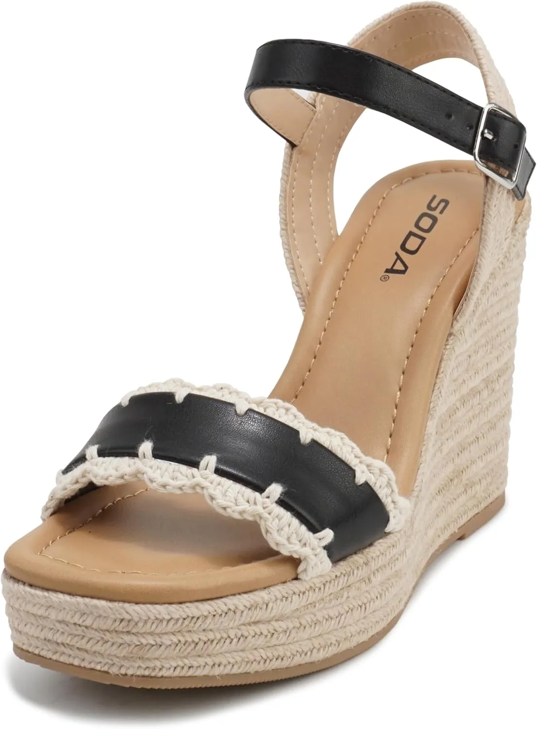 Soda “Virtual” ~ Women Square Toe Woven Single Band Espadrille Wedge Sandal with Adjustable Ankle Strap