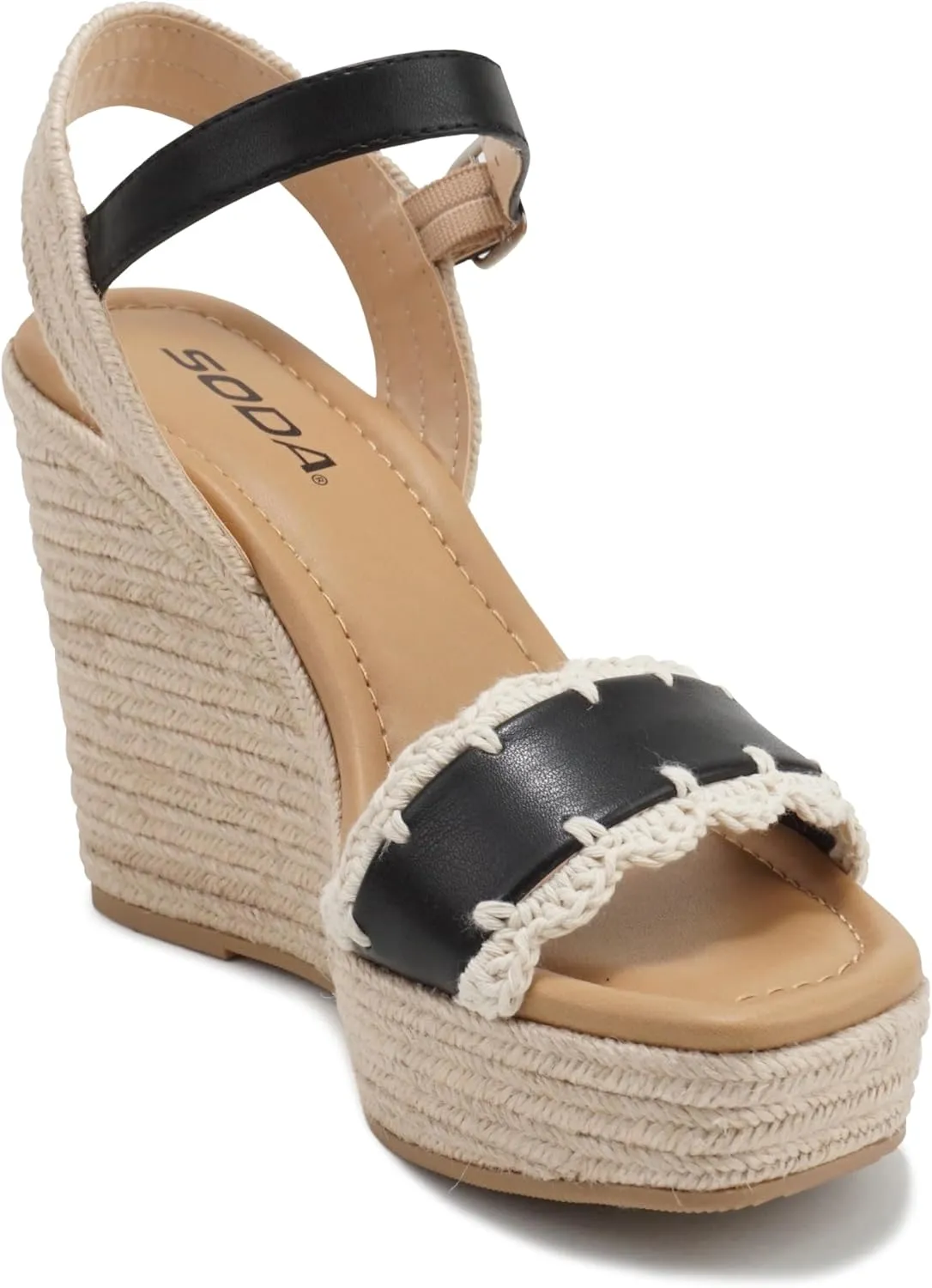 Soda “Virtual” ~ Women Square Toe Woven Single Band Espadrille Wedge Sandal with Adjustable Ankle Strap