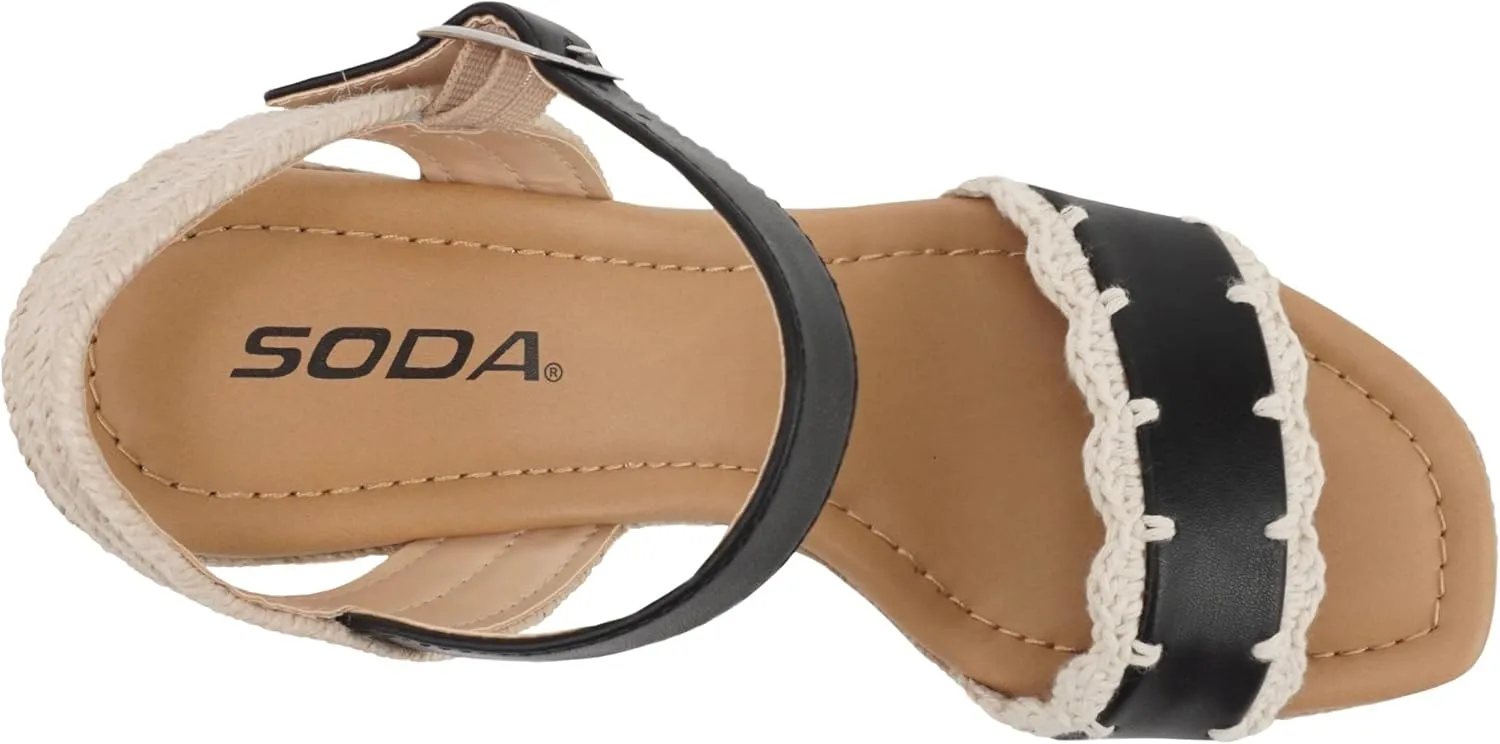 Soda “Virtual” ~ Women Square Toe Woven Single Band Espadrille Wedge Sandal with Adjustable Ankle Strap