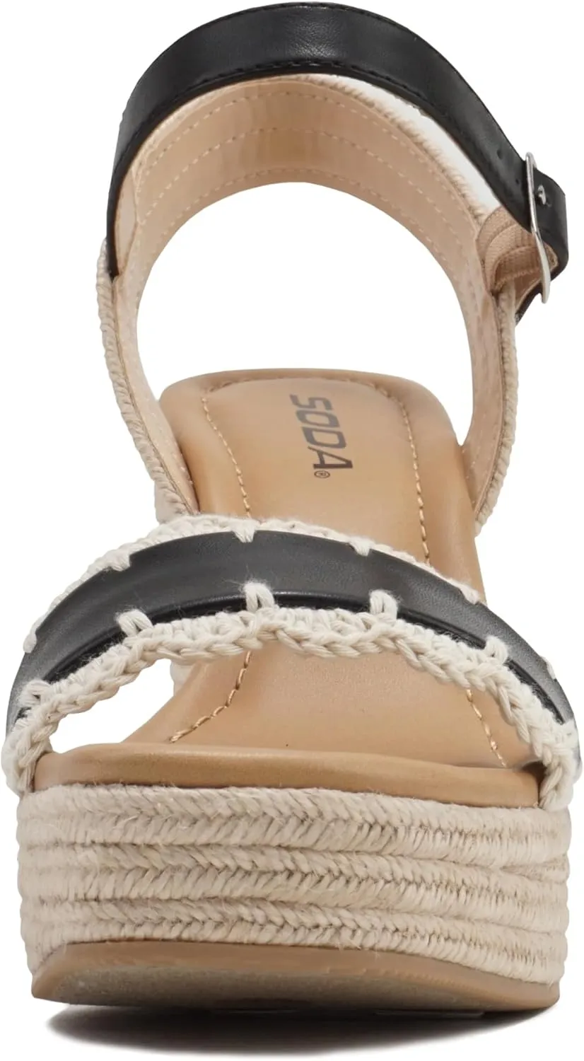 Soda “Virtual” ~ Women Square Toe Woven Single Band Espadrille Wedge Sandal with Adjustable Ankle Strap