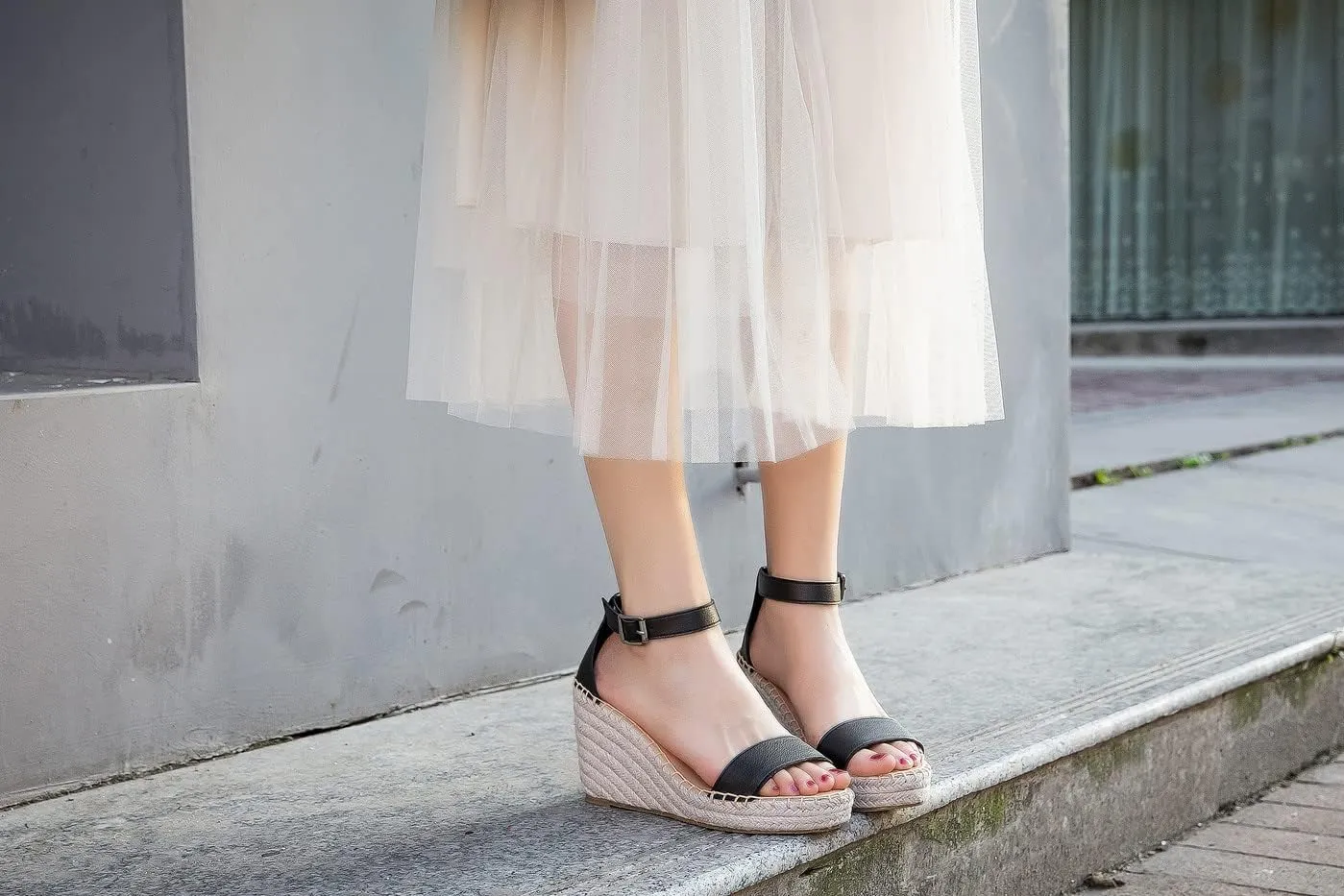 U-lite Peep Toe Platform Sandals for Women, Breathable Ankle-Tie Microfiber Leather Insole Espadrilles Shoes