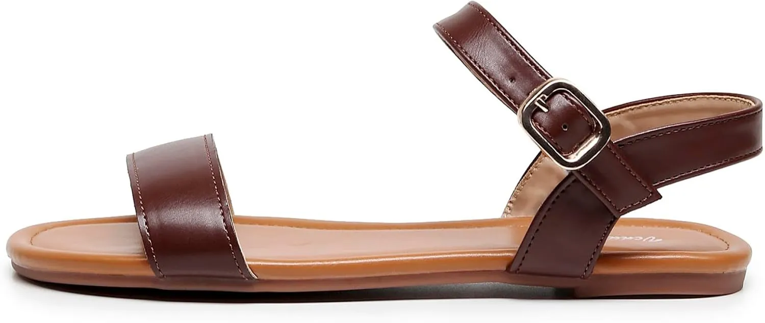 VenusCelia Women's Plain Strap Wide Flat Sandal