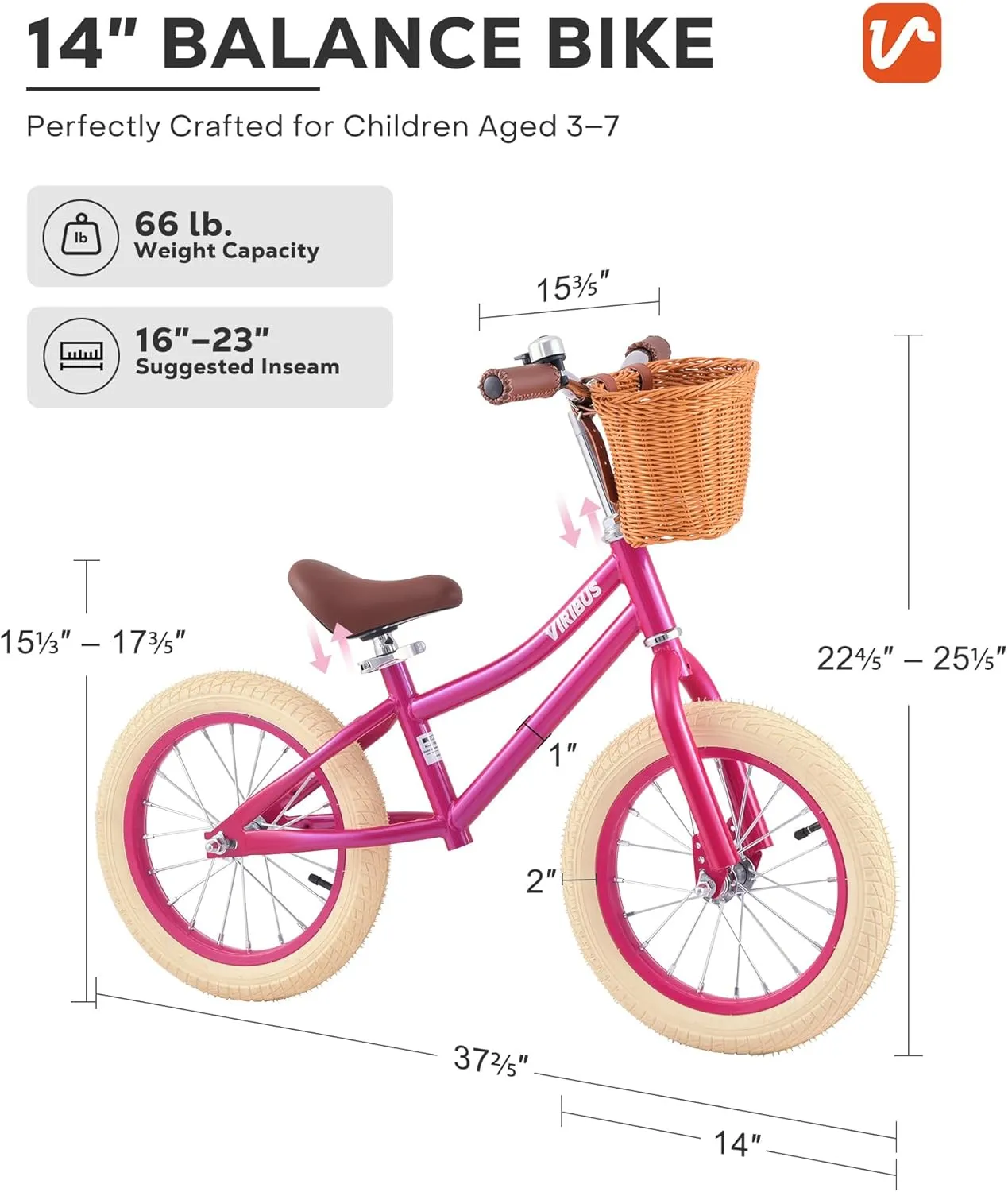 Viribus 14 inch Balance Bike for 3  to 7 Year Old Boy or Girl, with Basket, Rubber Tire, Carbon Steel Frame, 66 lb