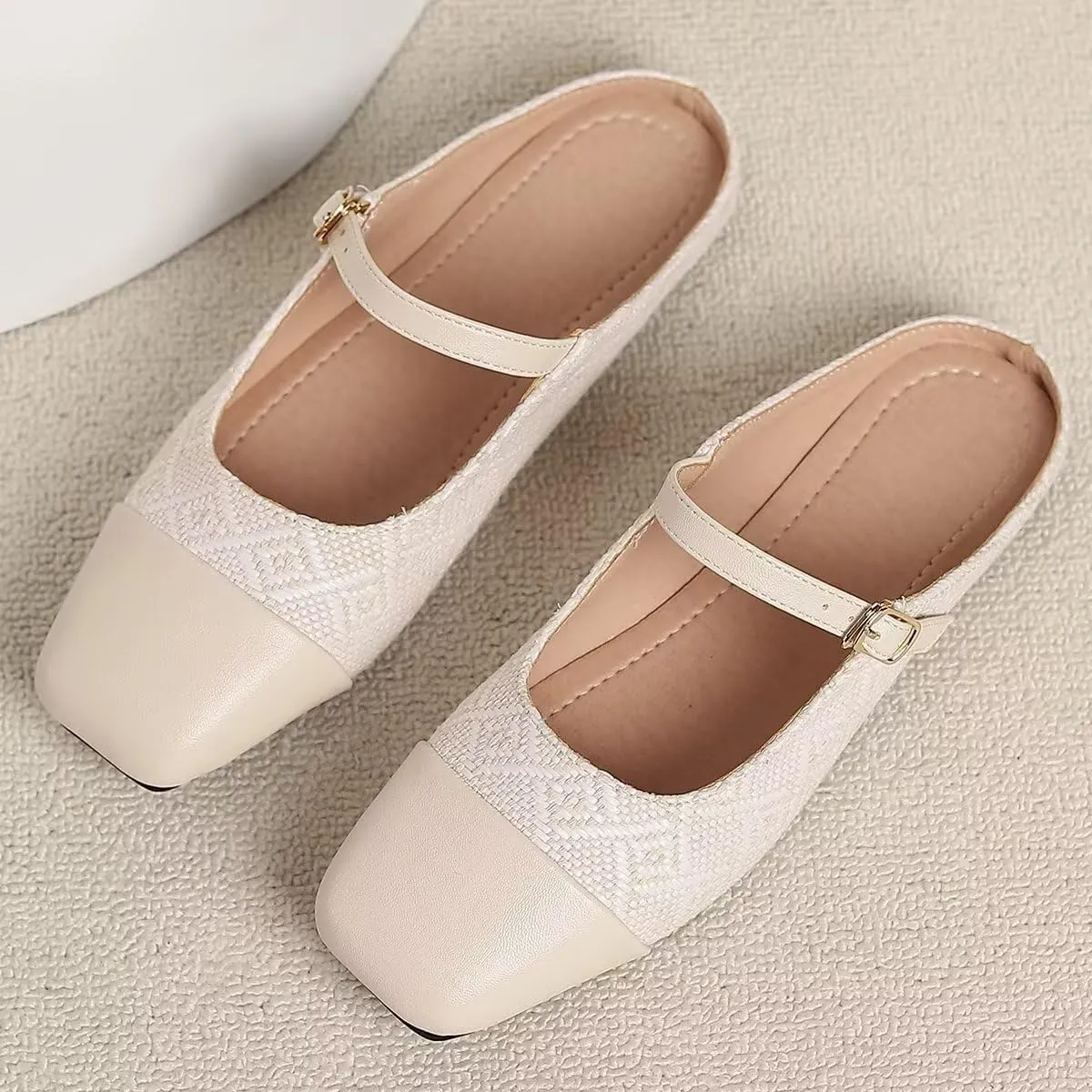 Women Mules Elegant Dressy Flats Closed Toe Microfiber Leather Shoes Adjustable Buckle Strap Mary Jane Casual Office Shoes