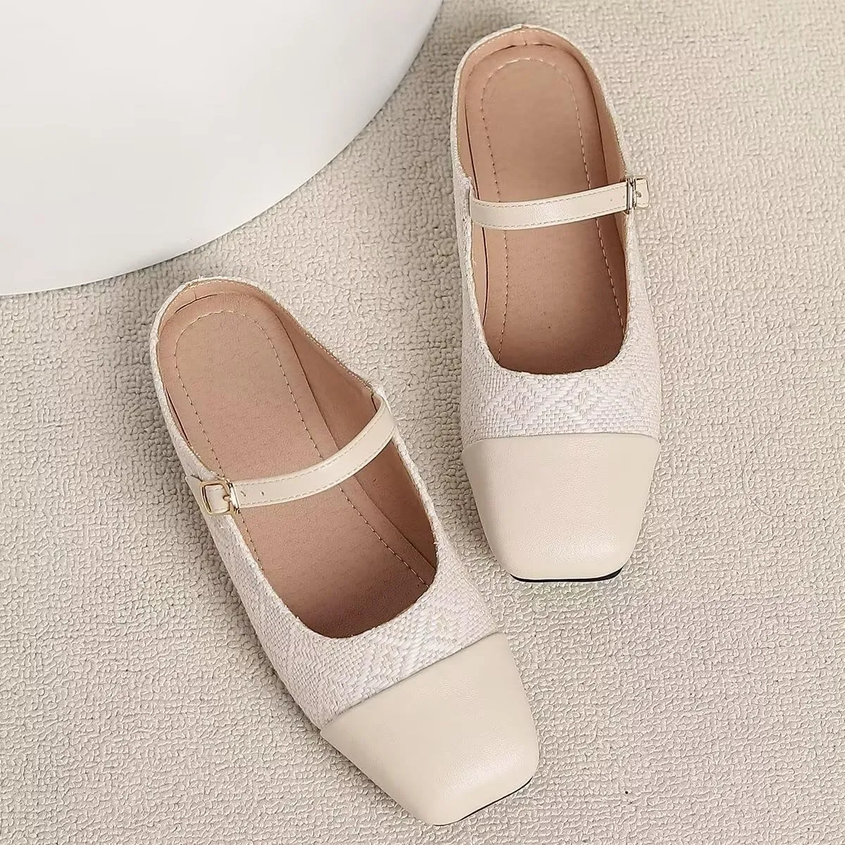 Women Mules Elegant Dressy Flats Closed Toe Microfiber Leather Shoes Adjustable Buckle Strap Mary Jane Casual Office Shoes