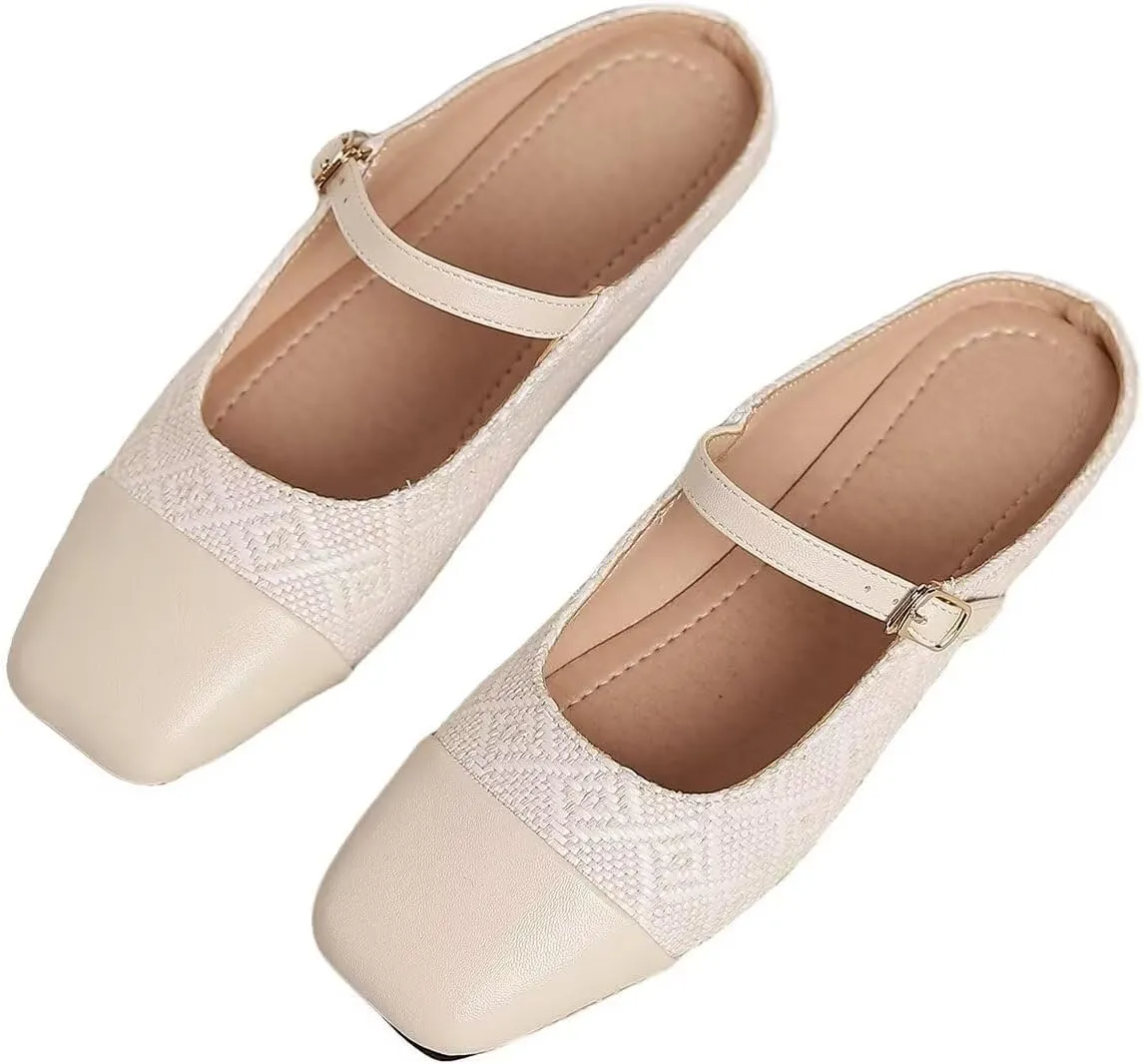 Women Mules Elegant Dressy Flats Closed Toe Microfiber Leather Shoes Adjustable Buckle Strap Mary Jane Casual Office Shoes