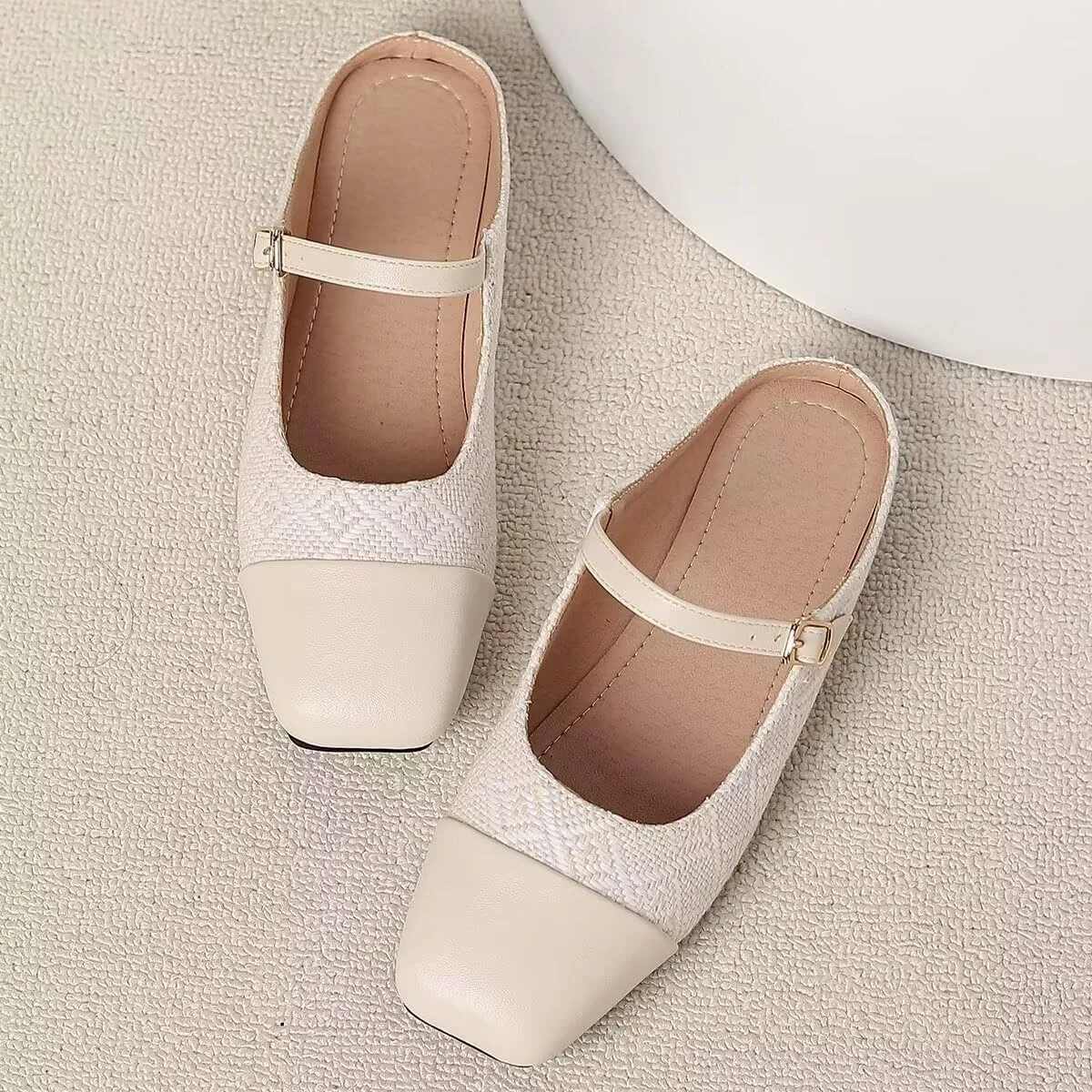 Women Mules Elegant Dressy Flats Closed Toe Microfiber Leather Shoes Adjustable Buckle Strap Mary Jane Casual Office Shoes