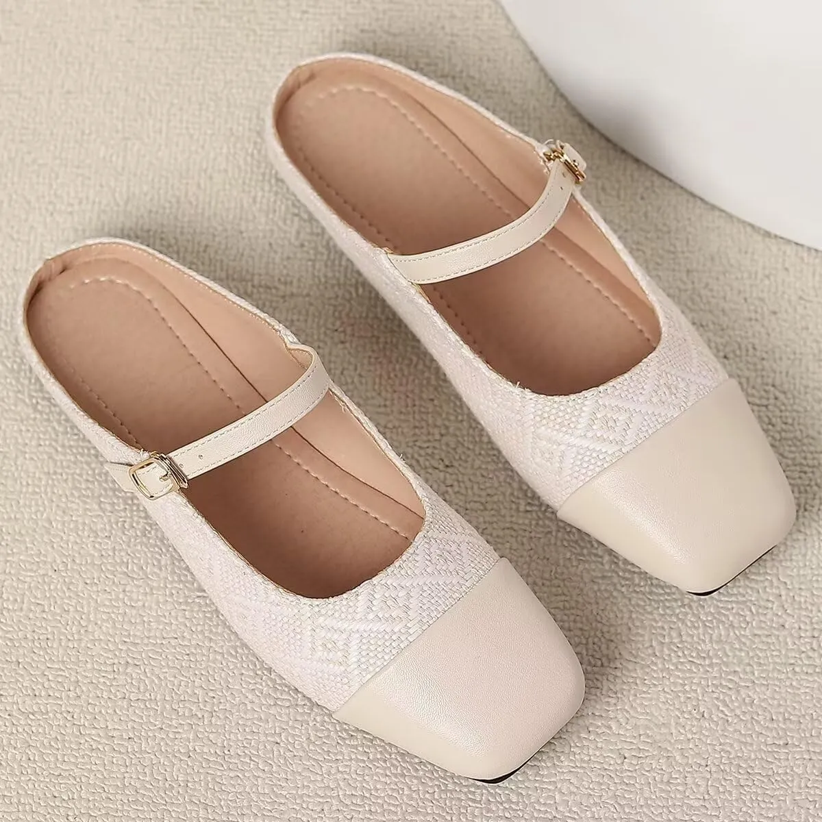 Women Mules Elegant Dressy Flats Closed Toe Microfiber Leather Shoes Adjustable Buckle Strap Mary Jane Casual Office Shoes
