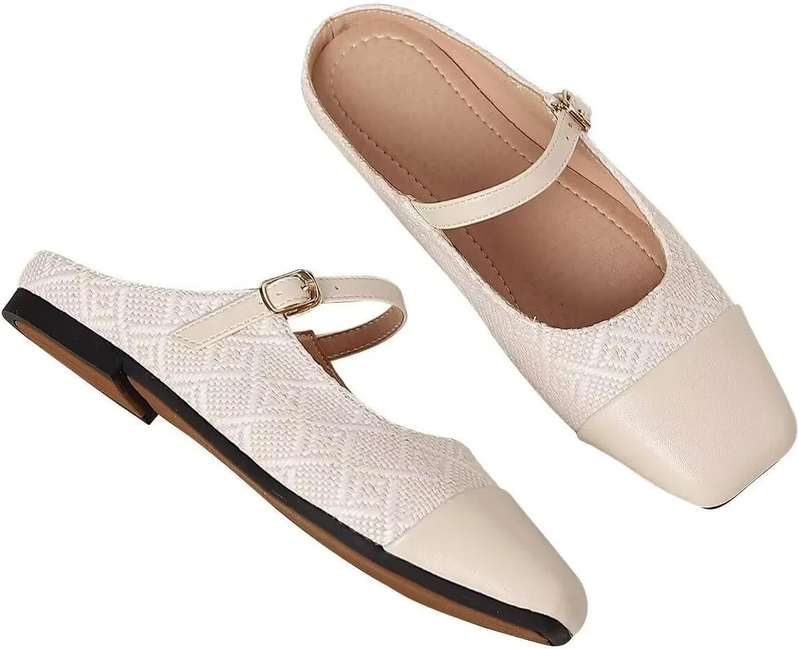 Women Mules Elegant Dressy Flats Closed Toe Microfiber Leather Shoes Adjustable Buckle Strap Mary Jane Casual Office Shoes