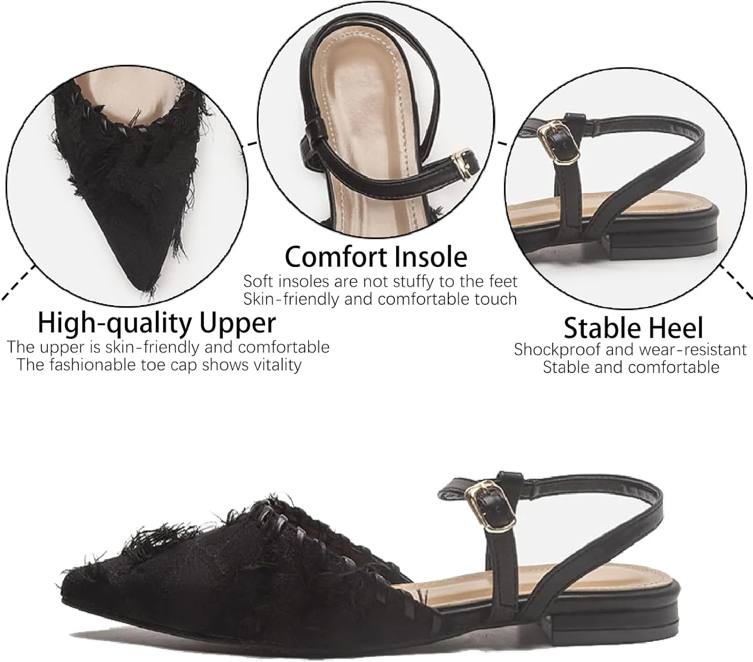 Women's Canvas Tassel Closed Pointed Toe Slingback Flats with Adjust Ankle Strap Fashion Weave Comfort Low Heel Mule Sandals for Wedding Party Dress Shoes