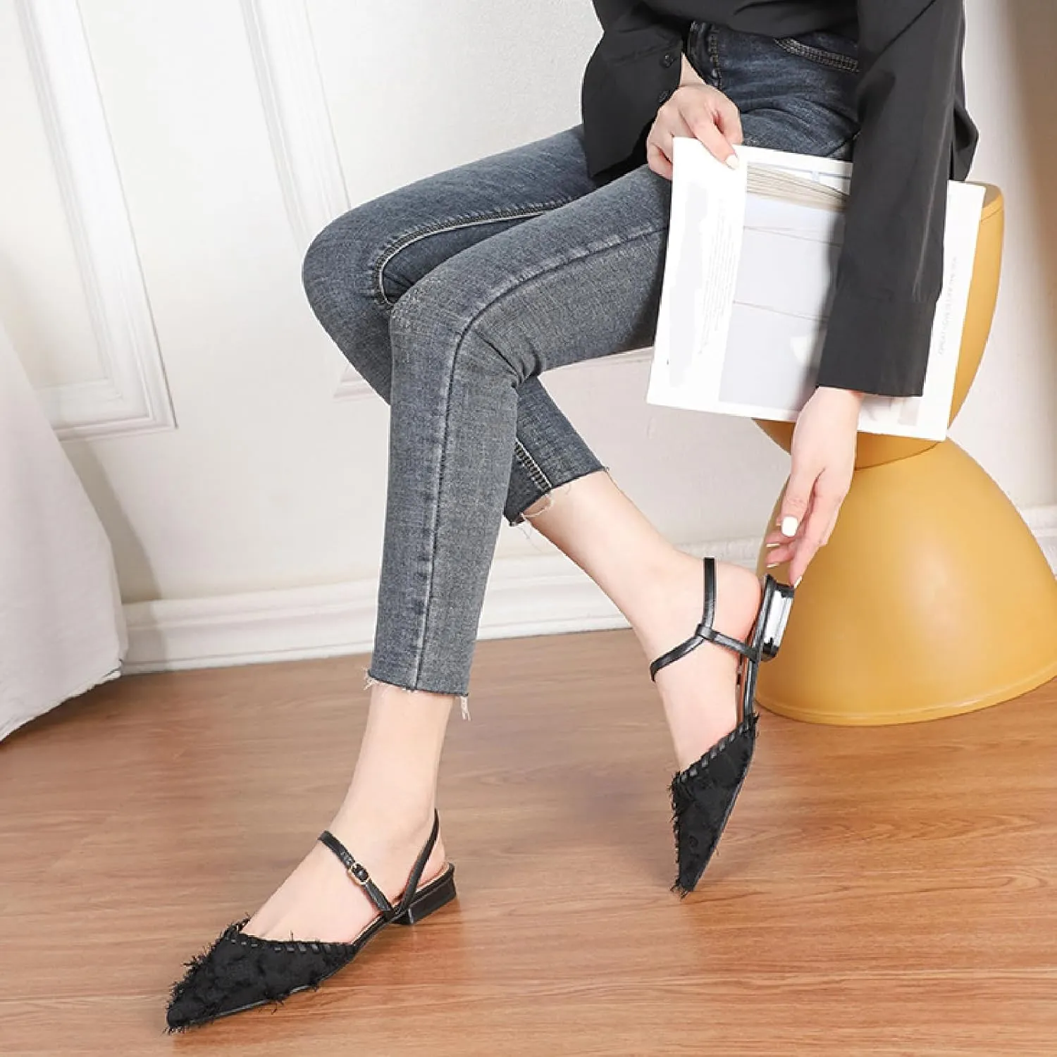 Women's Canvas Tassel Closed Pointed Toe Slingback Flats with Adjust Ankle Strap Fashion Weave Comfort Low Heel Mule Sandals for Wedding Party Dress Shoes