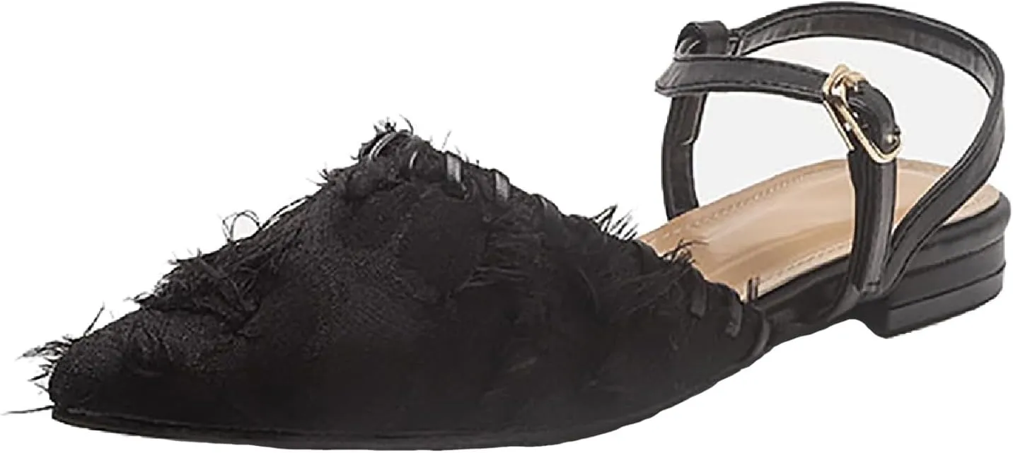 Women's Canvas Tassel Closed Pointed Toe Slingback Flats with Adjust Ankle Strap Fashion Weave Comfort Low Heel Mule Sandals for Wedding Party Dress Shoes