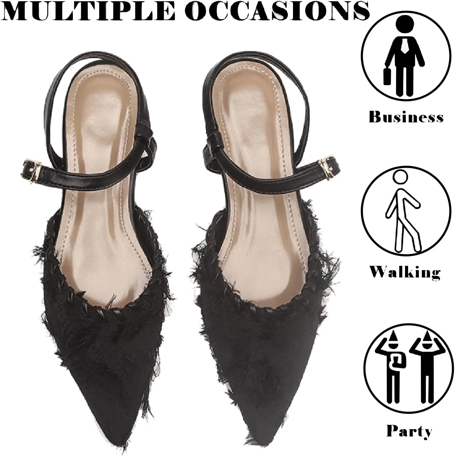 Women's Canvas Tassel Closed Pointed Toe Slingback Flats with Adjust Ankle Strap Fashion Weave Comfort Low Heel Mule Sandals for Wedding Party Dress Shoes