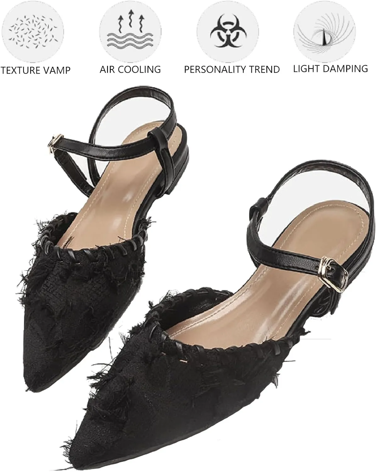 Women's Canvas Tassel Closed Pointed Toe Slingback Flats with Adjust Ankle Strap Fashion Weave Comfort Low Heel Mule Sandals for Wedding Party Dress Shoes