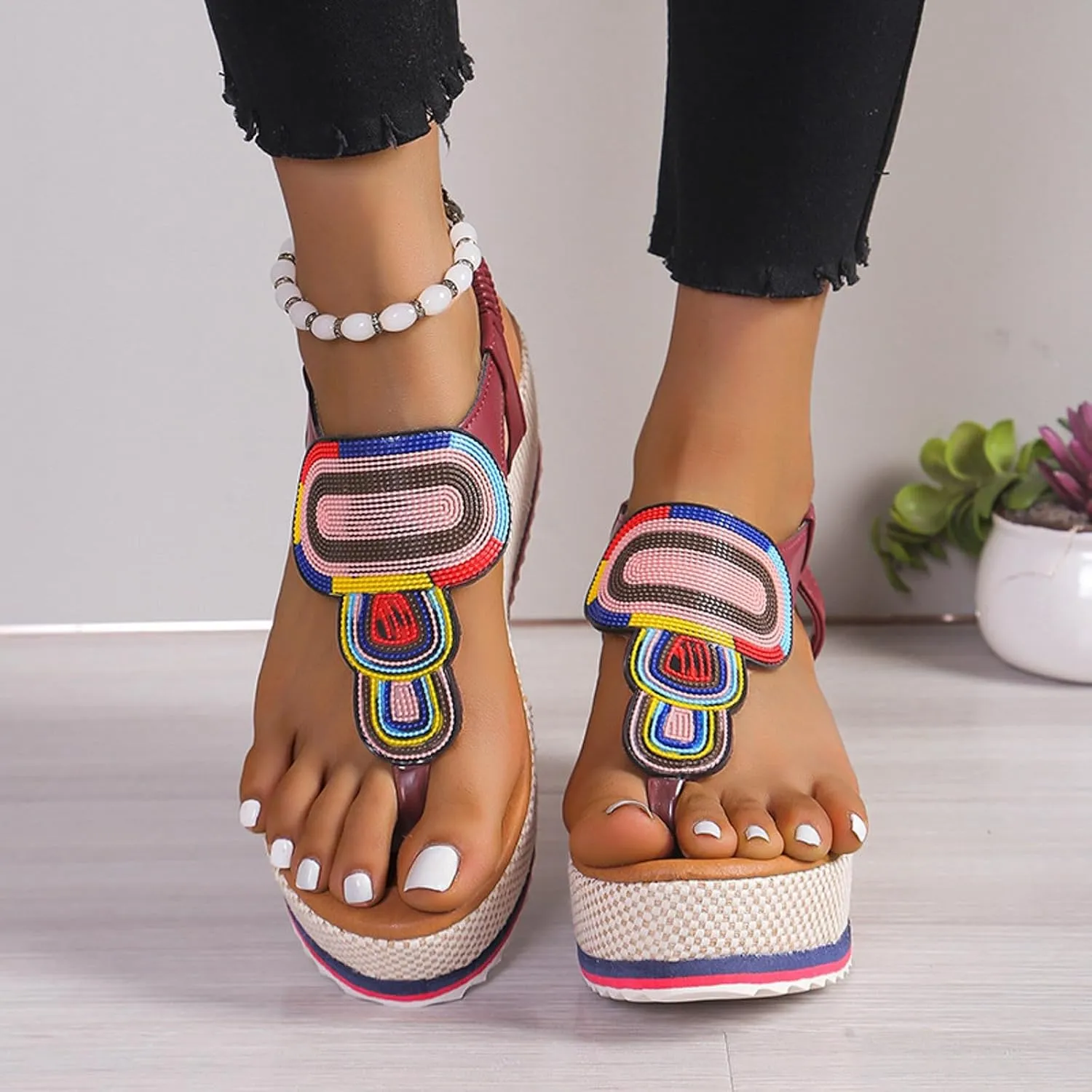 Women's Elastic Ankle Strap Espadrilles Wedge Sandals 2025 Summer Casual Open Toe Thick Sole Woven Non Slip Elastic Ankle Strap Sandals Bohemian Fashion Lightweight Outdoor Walking Footwear