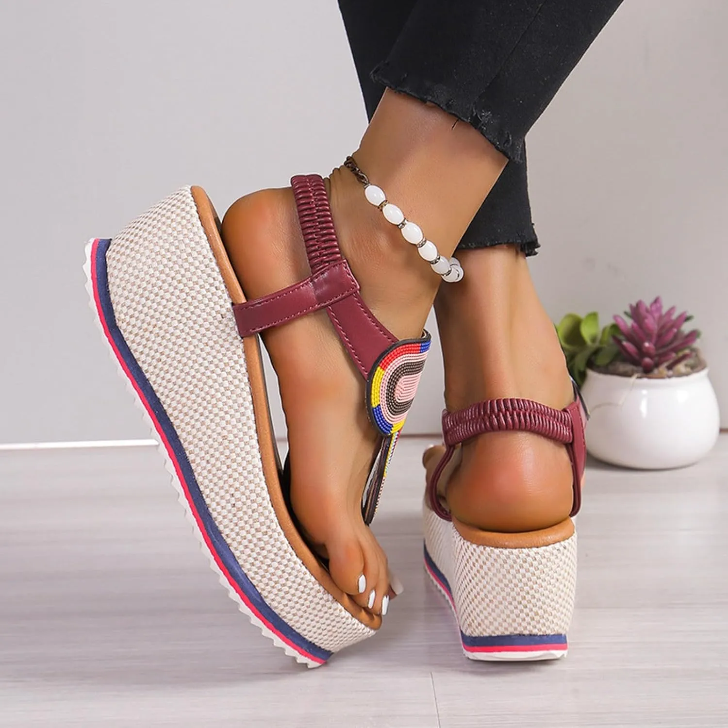 Women's Elastic Ankle Strap Espadrilles Wedge Sandals 2025 Summer Casual Open Toe Thick Sole Woven Non Slip Elastic Ankle Strap Sandals Bohemian Fashion Lightweight Outdoor Walking Footwear