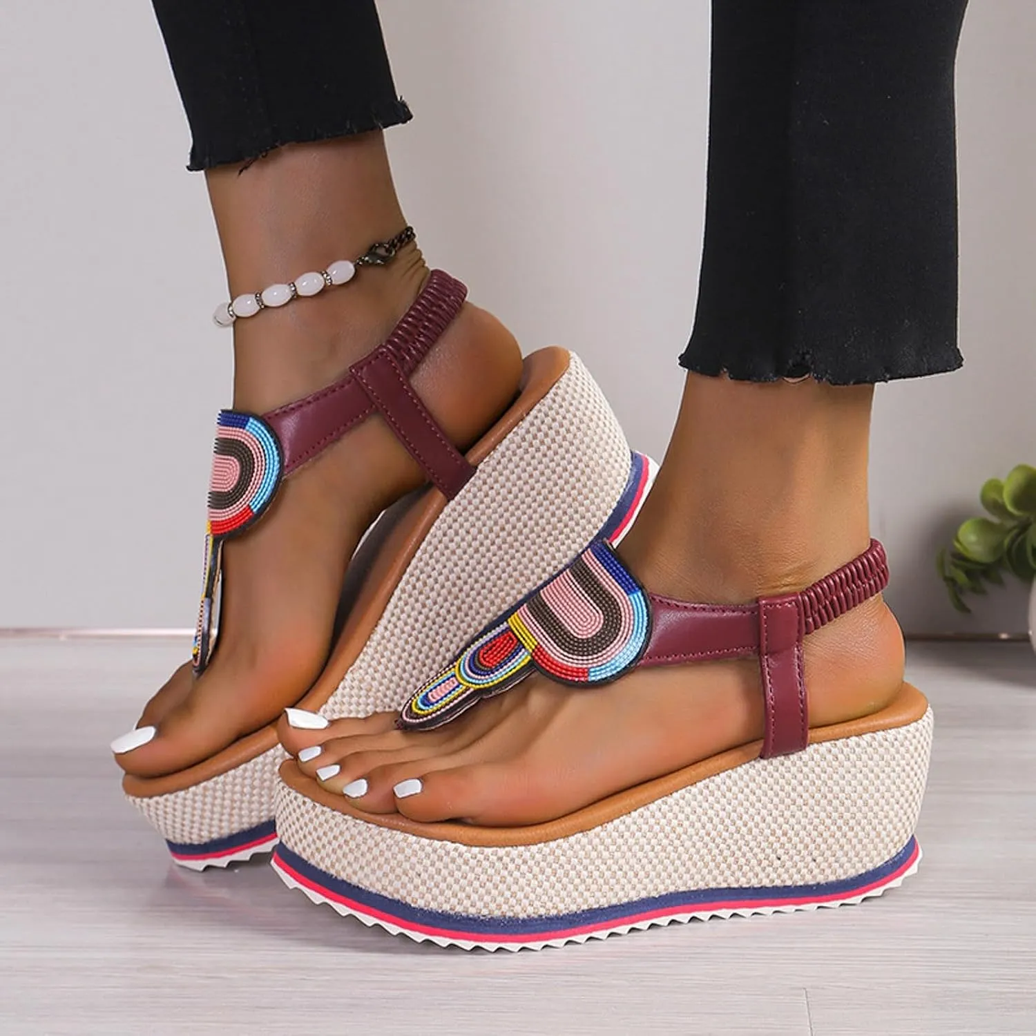 Women's Elastic Ankle Strap Espadrilles Wedge Sandals 2025 Summer Casual Open Toe Thick Sole Woven Non Slip Elastic Ankle Strap Sandals Bohemian Fashion Lightweight Outdoor Walking Footwear