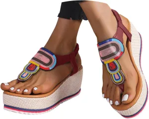 Women's Elastic Ankle Strap Espadrilles Wedge Sandals 2025 Summer Casual Open Toe Thick Sole Woven Non Slip Elastic Ankle Strap Sandals Bohemian Fashion Lightweight Outdoor Walking Footwear
