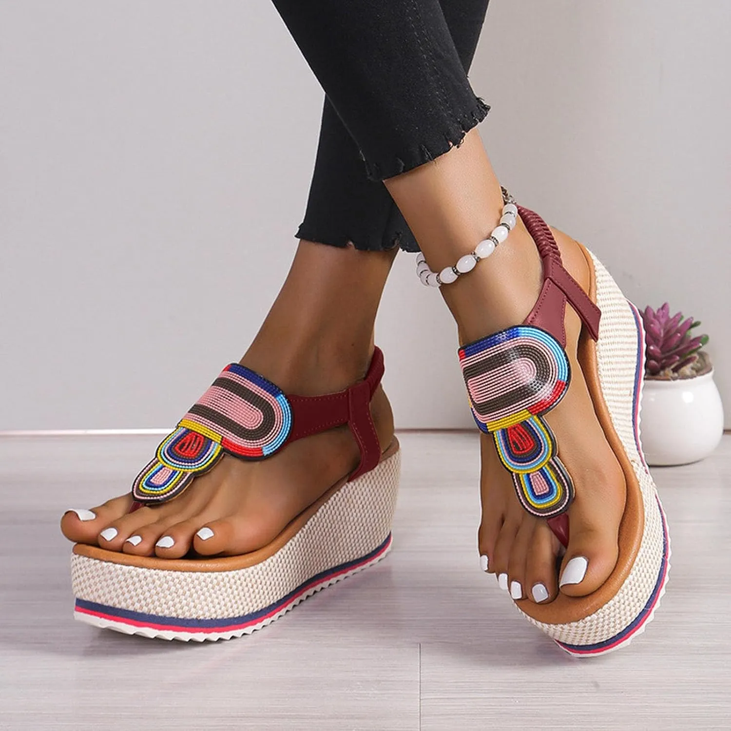 Women's Elastic Ankle Strap Espadrilles Wedge Sandals 2025 Summer Casual Open Toe Thick Sole Woven Non Slip Elastic Ankle Strap Sandals Bohemian Fashion Lightweight Outdoor Walking Footwear