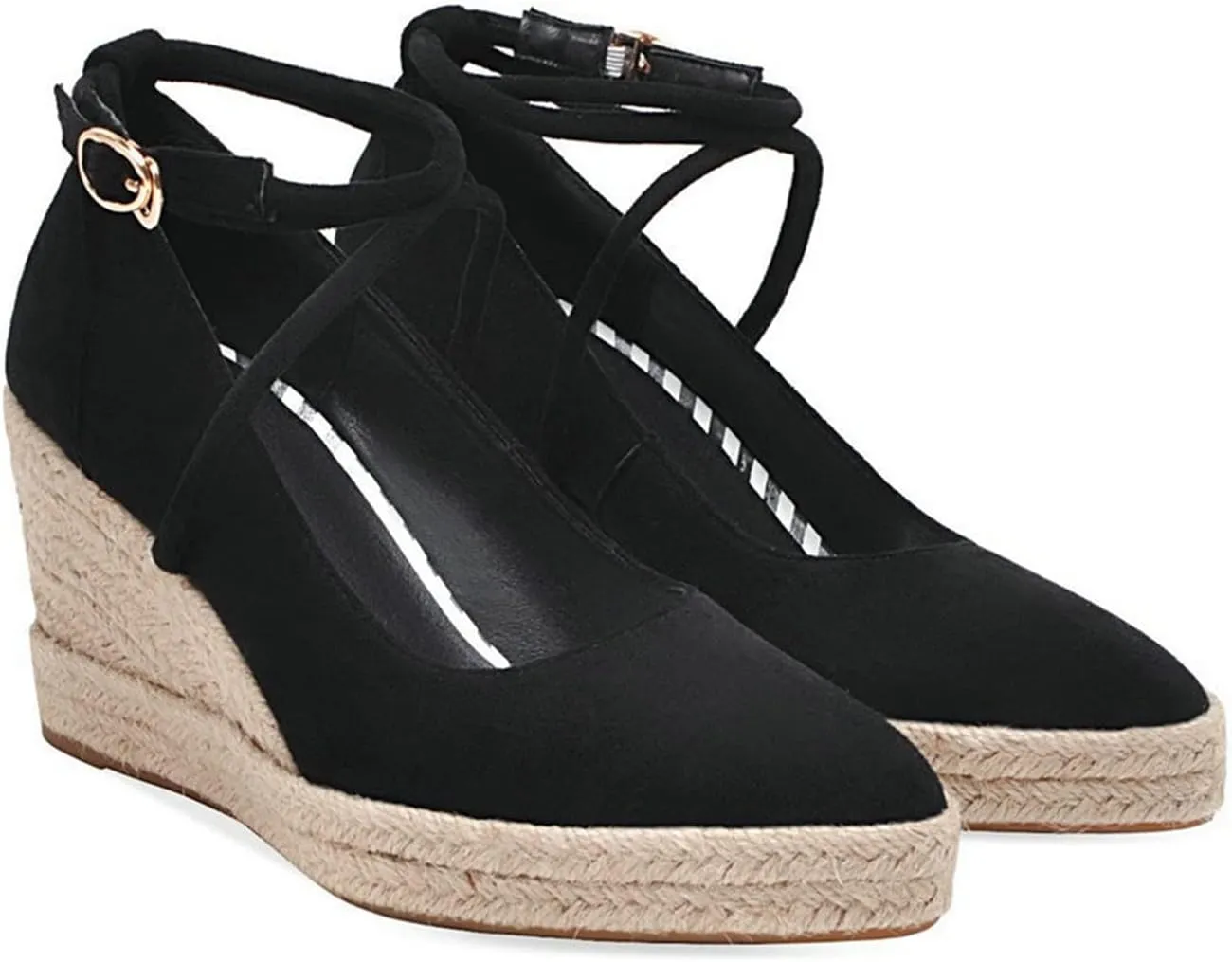 Womens Faux Suede Wedge Pumps Cross Ankle Strap Pointed Toe Casual Espadrille Platform Dress Shoes