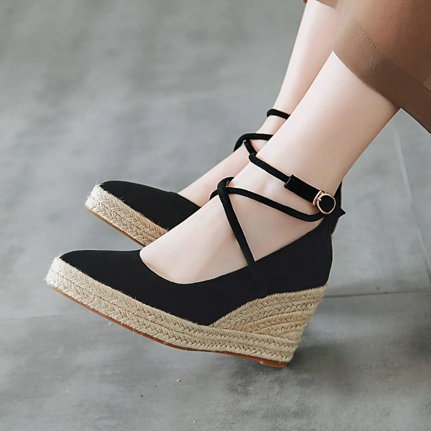Womens Faux Suede Wedge Pumps Cross Ankle Strap Pointed Toe Casual Espadrille Platform Dress Shoes
