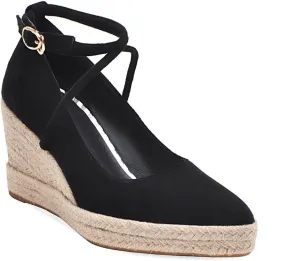 Womens Faux Suede Wedge Pumps Cross Ankle Strap Pointed Toe Casual Espadrille Platform Dress Shoes
