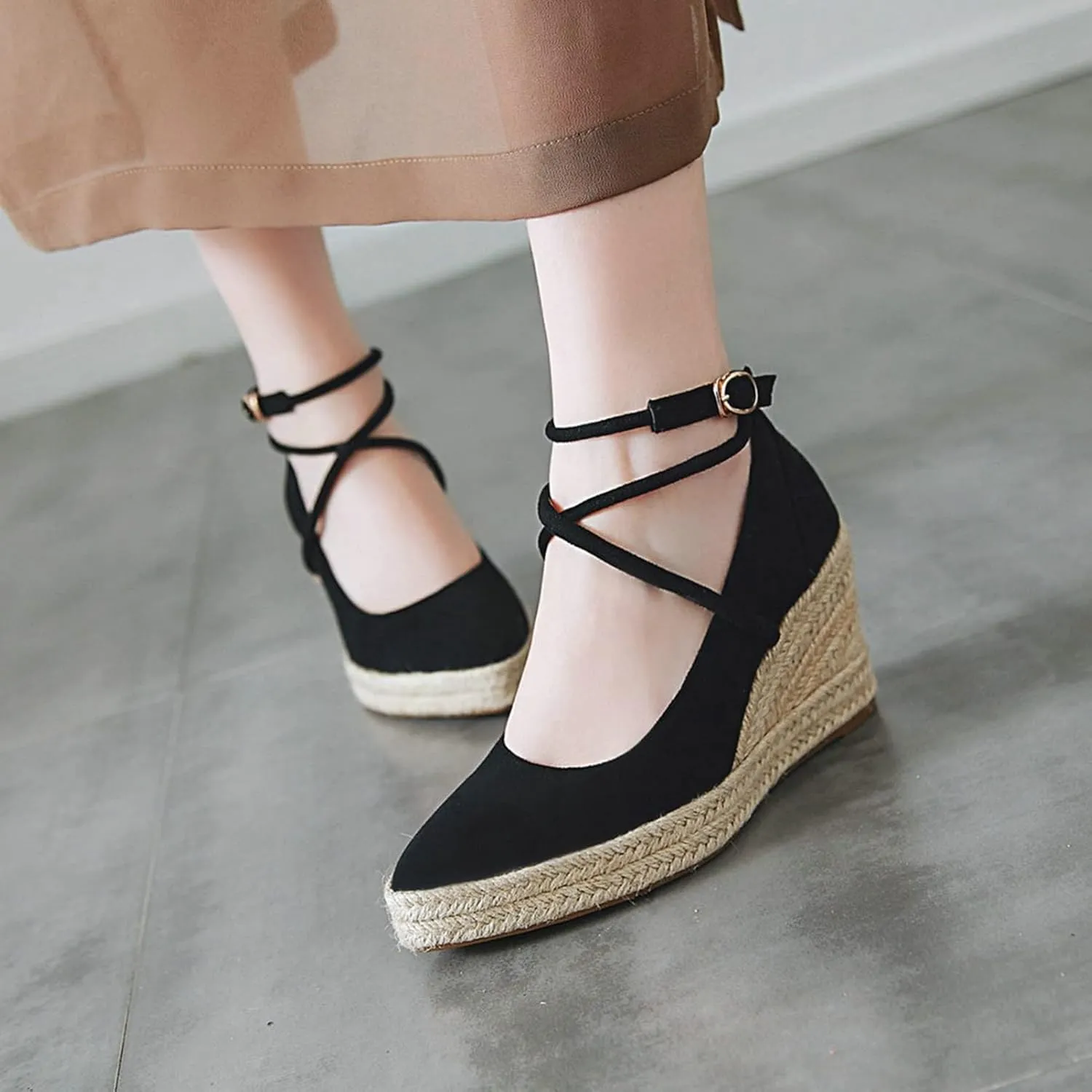 Womens Faux Suede Wedge Pumps Cross Ankle Strap Pointed Toe Casual Espadrille Platform Dress Shoes