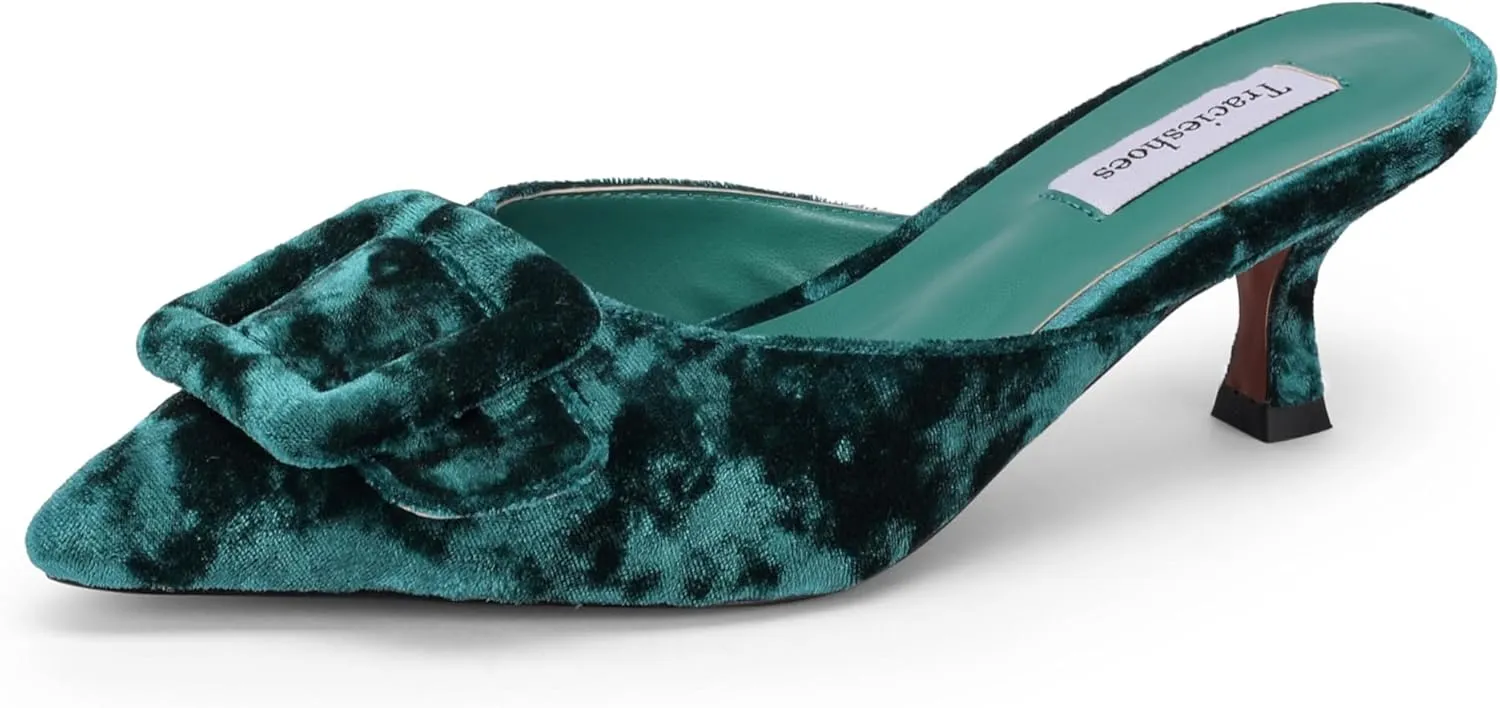 Women's Pointed Toe Kitten Heel Mules 2 Inch Slip-On Backless Slippers with Square Buckle Dress Sandals
