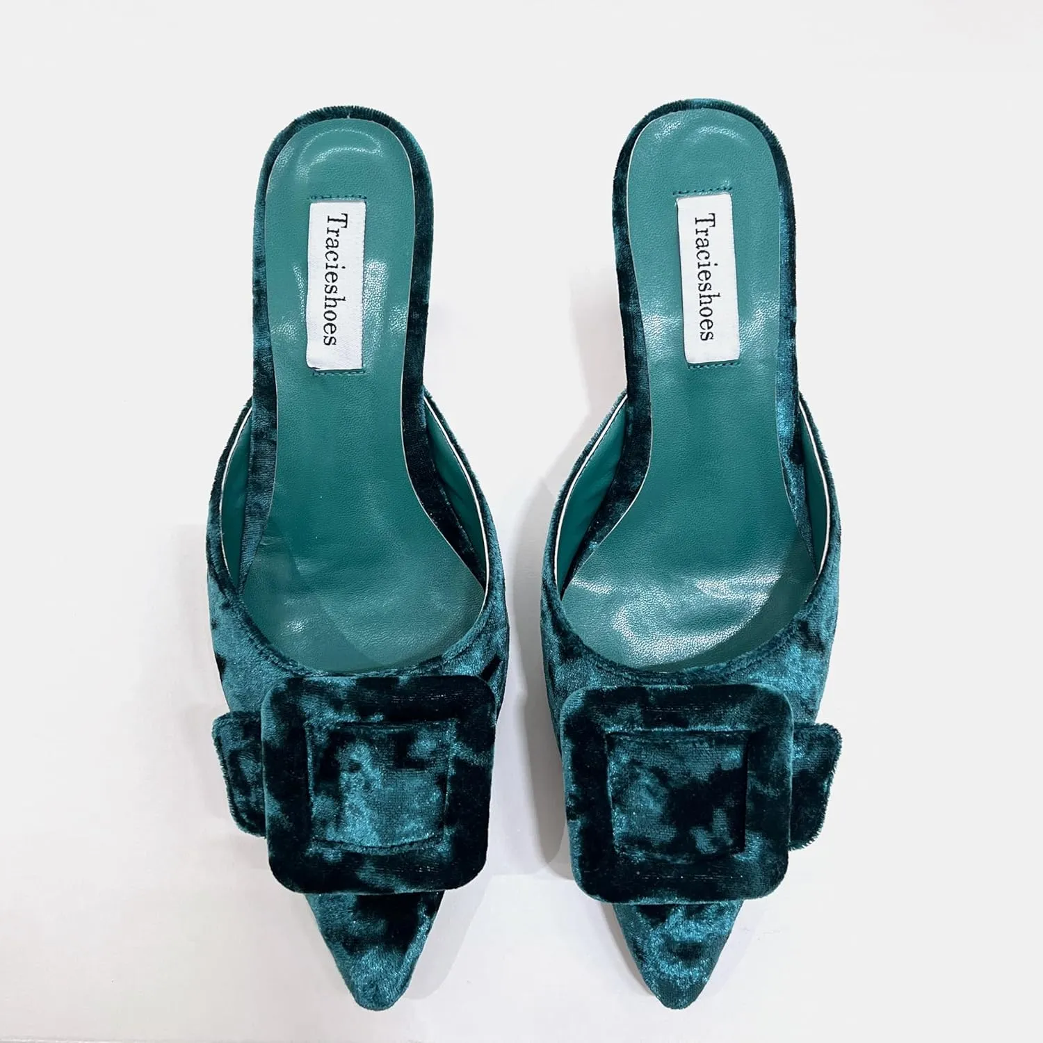 Women's Pointed Toe Kitten Heel Mules 2 Inch Slip-On Backless Slippers with Square Buckle Dress Sandals