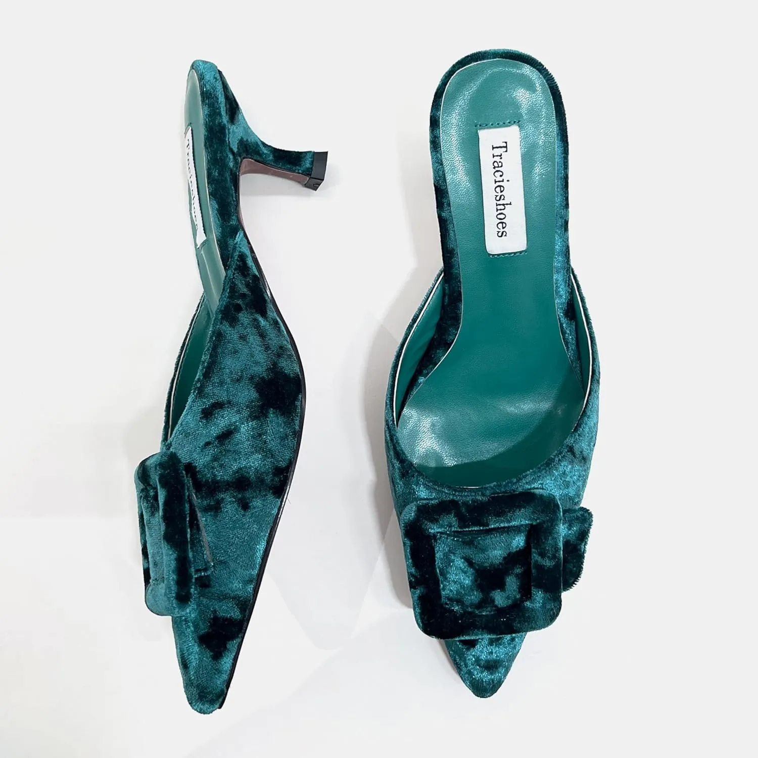 Women's Pointed Toe Kitten Heel Mules 2 Inch Slip-On Backless Slippers with Square Buckle Dress Sandals
