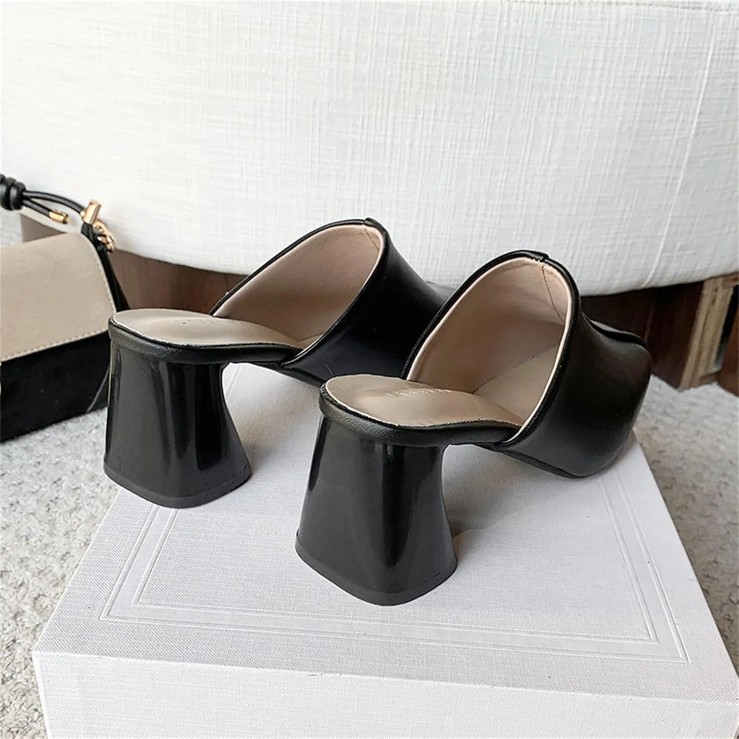 Women's Pumps Closed Toe Block Heel Mules Leather High Heel Slingback Square Toe Sandal Comfortable Dress Shoes
