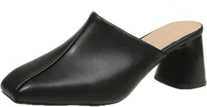 Women's Pumps Closed Toe Block Heel Mules Leather High Heel Slingback Square Toe Sandal Comfortable Dress Shoes