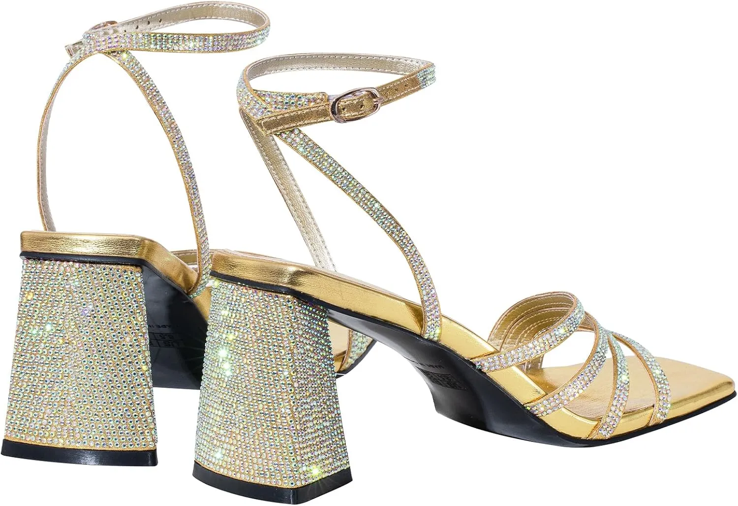 Women's Rhinestone Sparkling Heeled Sandals, Ankle-Strap Pin-Buckled Block Heel Gold Square-Toe Sandals, Dress-Up Summer Ball Party Dress Shoes
