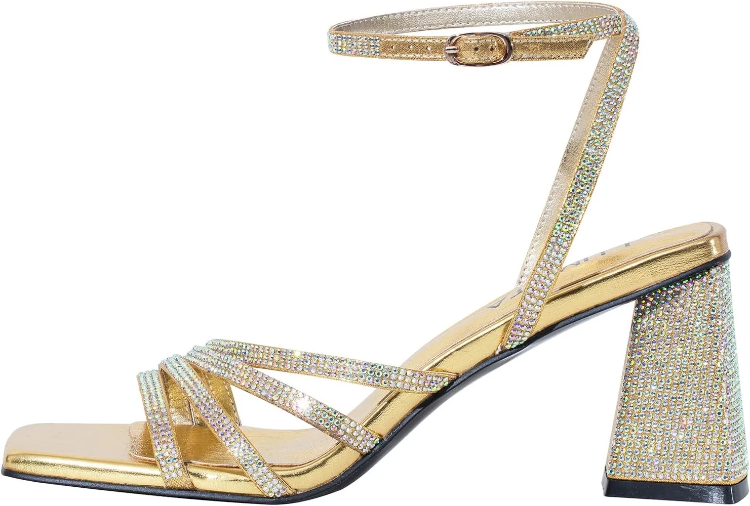 Women's Rhinestone Sparkling Heeled Sandals, Ankle-Strap Pin-Buckled Block Heel Gold Square-Toe Sandals, Dress-Up Summer Ball Party Dress Shoes