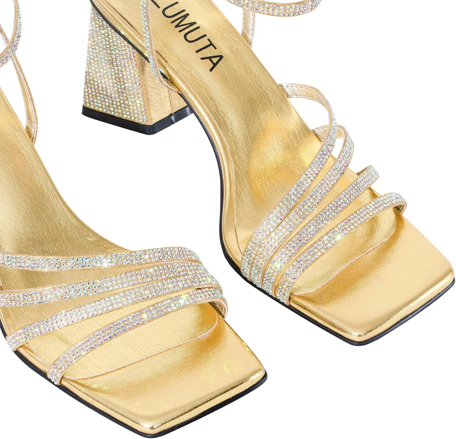 Women's Rhinestone Sparkling Heeled Sandals, Ankle-Strap Pin-Buckled Block Heel Gold Square-Toe Sandals, Dress-Up Summer Ball Party Dress Shoes