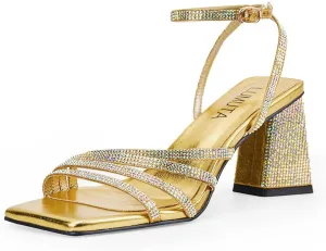 Women's Rhinestone Sparkling Heeled Sandals, Ankle-Strap Pin-Buckled Block Heel Gold Square-Toe Sandals, Dress-Up Summer Ball Party Dress Shoes