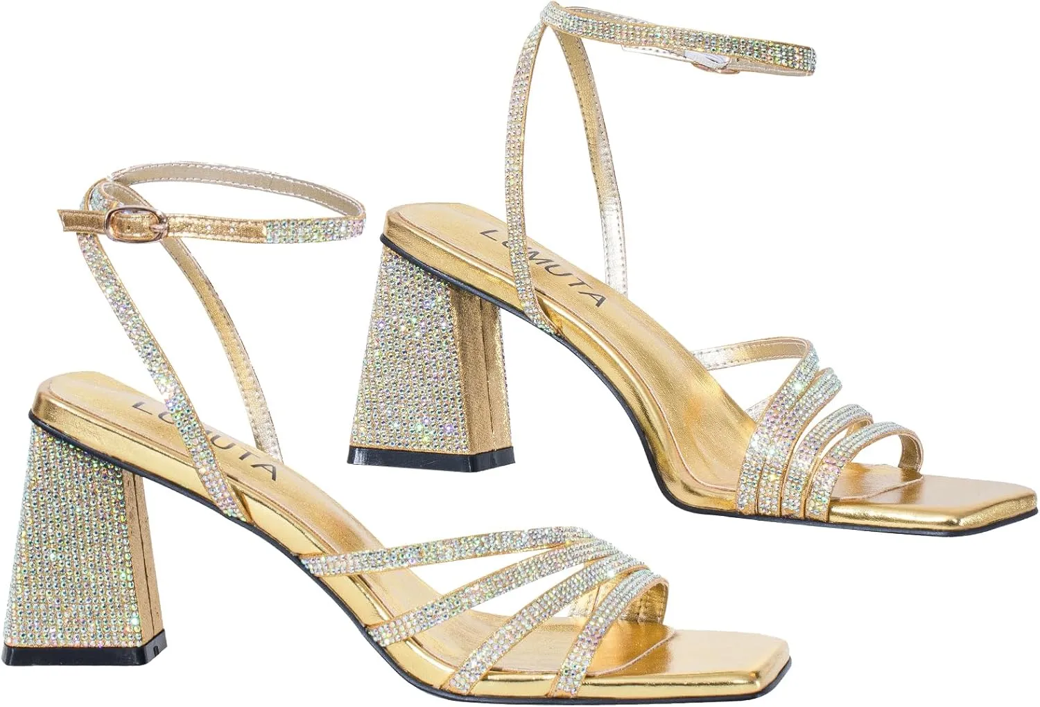 Women's Rhinestone Sparkling Heeled Sandals, Ankle-Strap Pin-Buckled Block Heel Gold Square-Toe Sandals, Dress-Up Summer Ball Party Dress Shoes