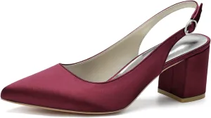 Womens Slingback Closed Pointed Toe Heels Satin Strap Block Chunky Heel Office Bridal Pumps Shoes