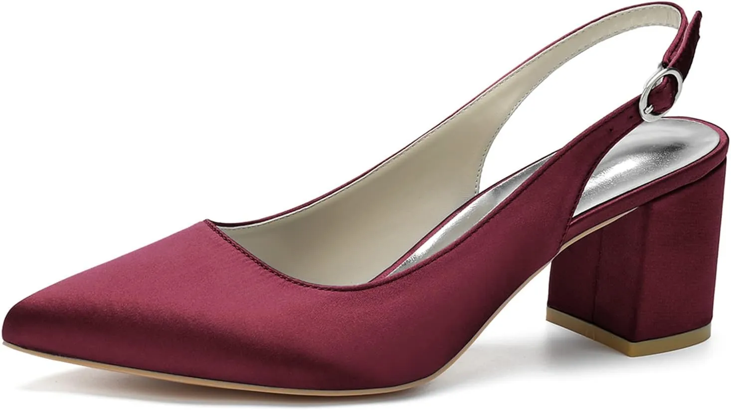 Womens Slingback Closed Pointed Toe Heels Satin Strap Block Chunky Heel Office Bridal Pumps Shoes