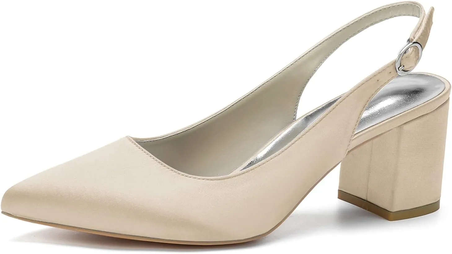 Womens Slingback Closed Pointed Toe Heels Satin Strap Block Chunky Heel Office Bridal Pumps Shoes
