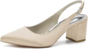 Womens Slingback Closed Pointed Toe Heels Satin Strap Block Chunky Heel Office Bridal Pumps Shoes