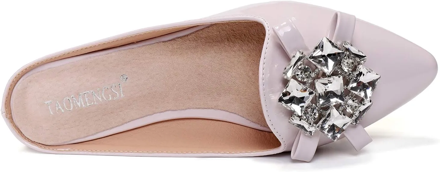 Women's Suede Leather Mules Mules for Woman Rhinestone Flats Comfortable Slip on Women Mule Shoe