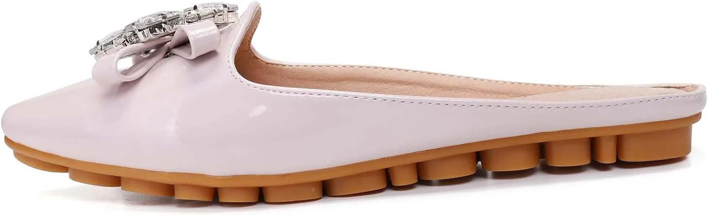 Women's Suede Leather Mules Mules for Woman Rhinestone Flats Comfortable Slip on Women Mule Shoe