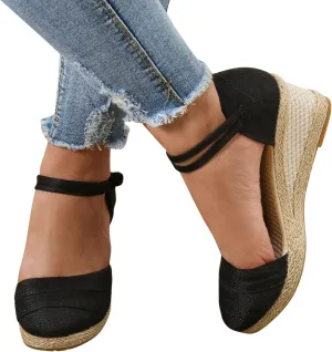 Womenyiaor Closed Toe Sandals Women, Women's Espadrilles Low Wedge Heel Sandals Ankle Strap Espadrille Wedge Sandals Dressy Casual Summer Comfortable Platform Wedge Shoes (b-Black, 9)