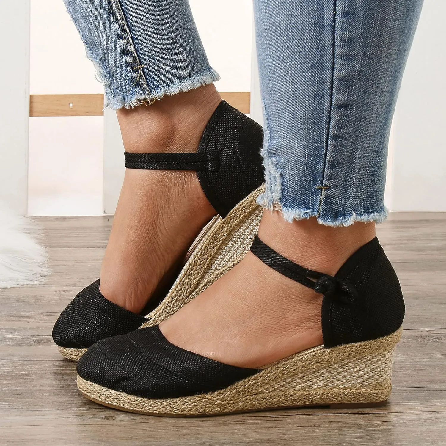 Womenyiaor Closed Toe Sandals Women, Women's Espadrilles Low Wedge Heel Sandals Ankle Strap Espadrille Wedge Sandals Dressy Casual Summer Comfortable Platform Wedge Shoes (b-Black, 9)