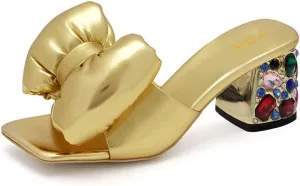 YDN Women Rhinestone Block Heeled Mule Sandals Open Toe Slip On Slipper Sexy Bow Knot Slide Bridal Party Wedding Dress Shoe Size 4-15 US
