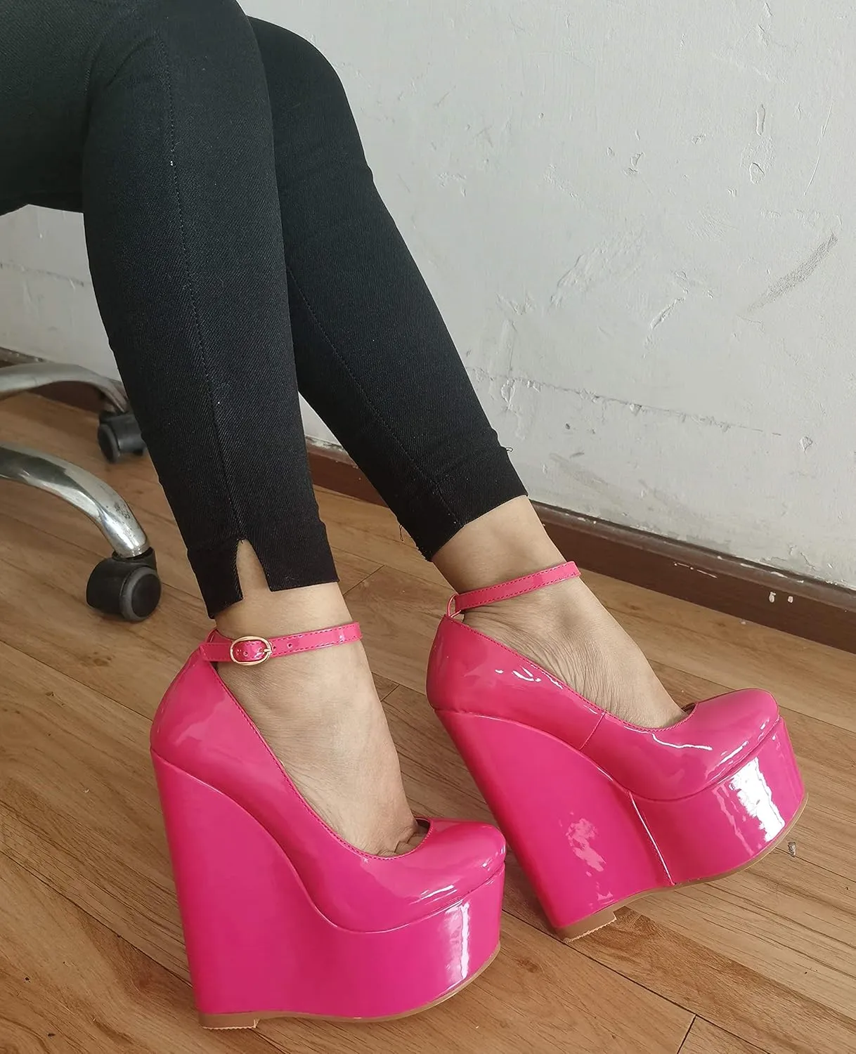 YODEKS Wedges for Women Closed Round Toe Ankle Strap Platform High Heel Wedge Pumps 6 Inches Dress Shoes