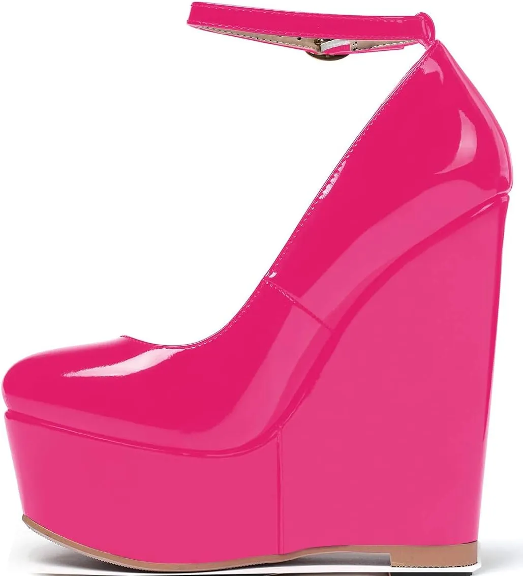 YODEKS Wedges for Women Closed Round Toe Ankle Strap Platform High Heel Wedge Pumps 6 Inches Dress Shoes
